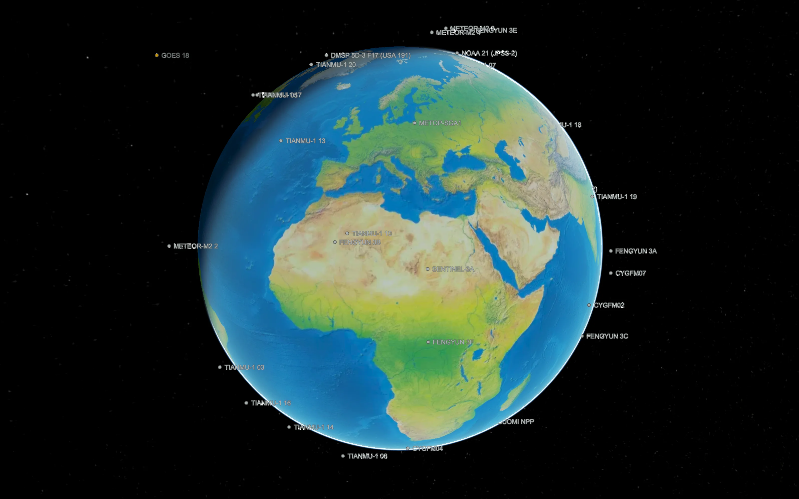 The globe with weather satellites labelled around it