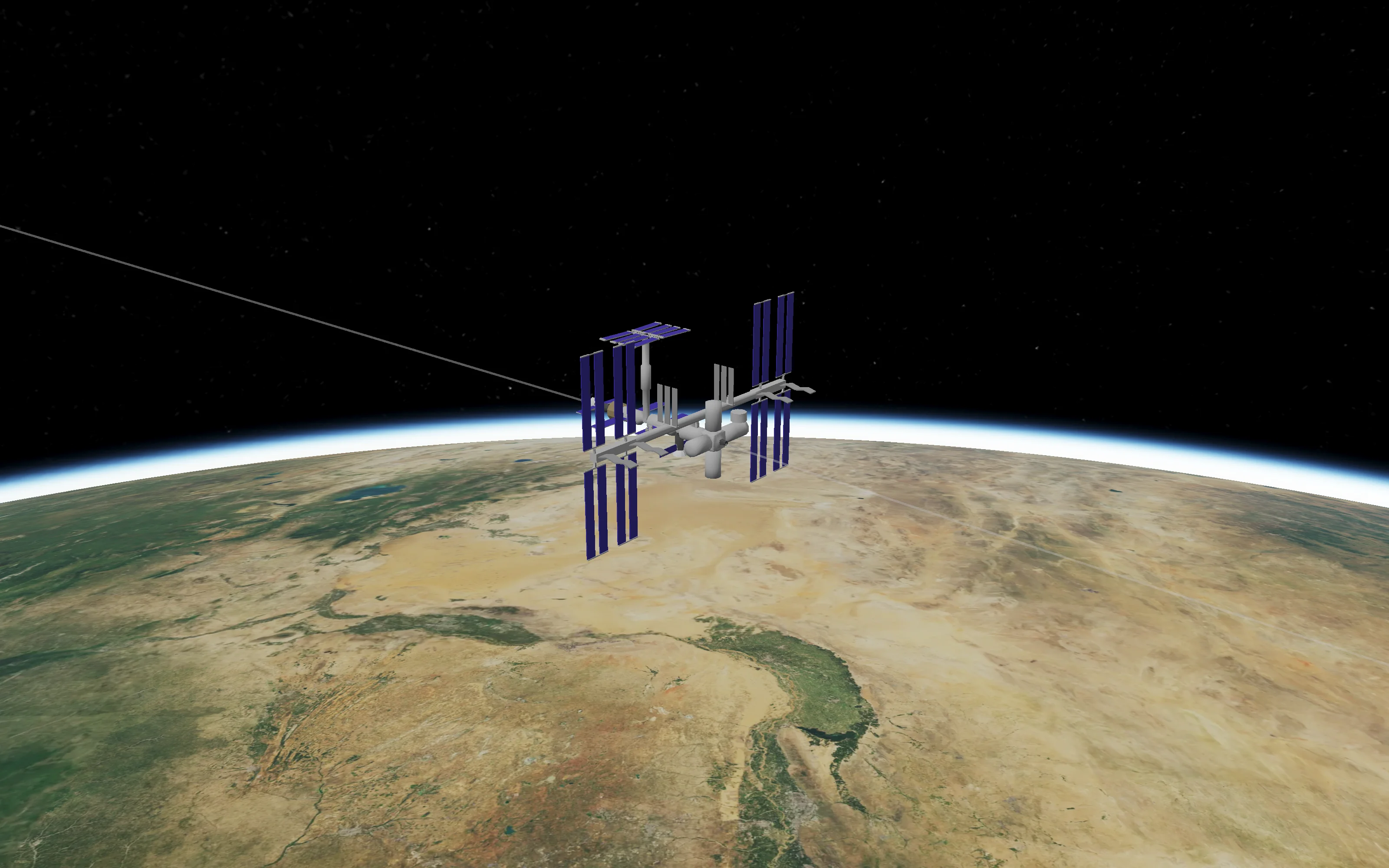 A 3D model of the ISS above the curve of the Earth, on its orbit line
